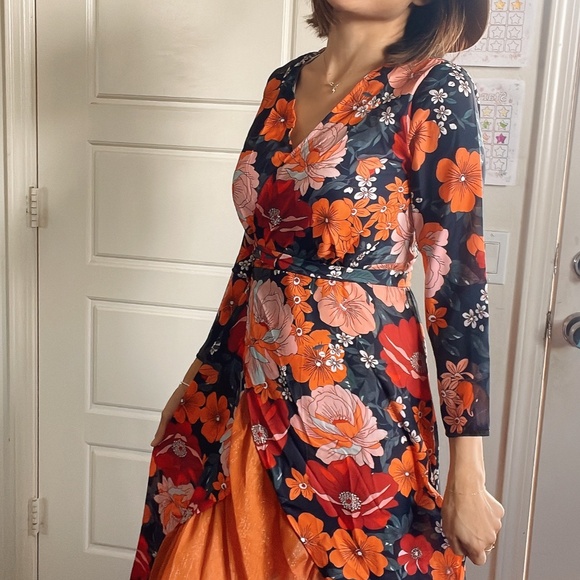 Boho Floral Print Asymmetrical Ruffle Hem Belted Maxi Dress - Picture 5 of 12